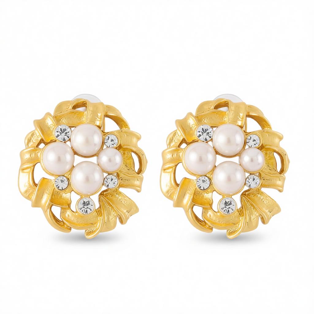Cubic Zirconia and Pearl 18K Gold-Plated Flower Stud Earrings, cubic zirconia stud earrings for women, side view