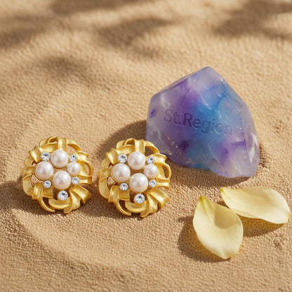 Cubic Zirconia and Pearl 18K Gold-Plated Flower Stud Earrings, cubic zirconia stud earrings for women, detail close-up