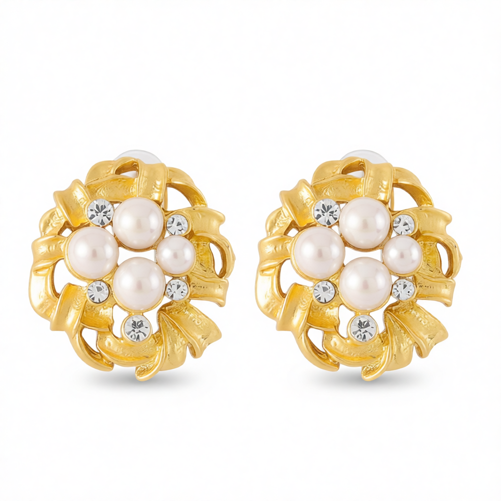 Cubic Zirconia & Pearl 18K Gold-Plated Flower Stud Earrings