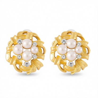 Cubic Zirconia & Pearl 18K Gold-Plated Flower Stud Earrings