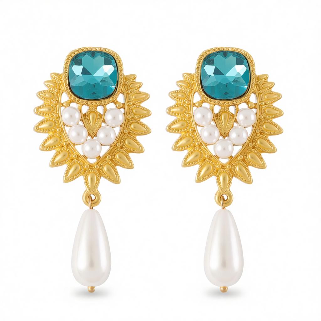 Blue Crystal and Pearl 18K Gold-Plated Botanical Heart Drop Earrings, gold drop earrings for women, side view