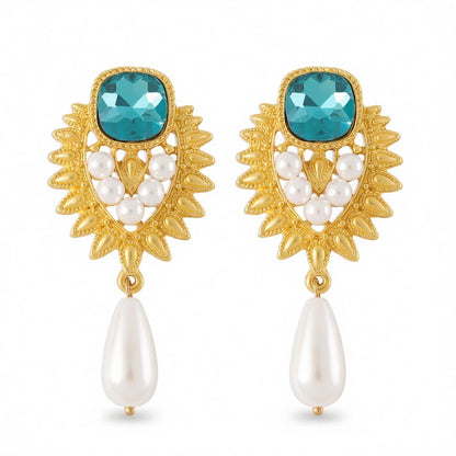 Blue Crystal and Pearl 18K Gold-Plated Botanical Heart Drop Earrings, gold drop earrings for women, side view