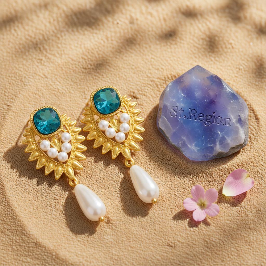 Blue Crystal and Pearl 18K Gold-Plated Botanical Heart Drop Earrings, gold drop earrings for women, detail close-up