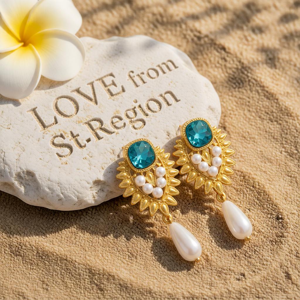 Blue Crystal and Pearl 18K Gold-Plated Botanical Heart Drop Earrings, gold drop earrings for women, lifestyle look