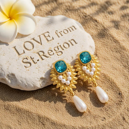 Blue Crystal and Pearl 18K Gold-Plated Botanical Heart Drop Earrings, gold drop earrings for women, lifestyle look