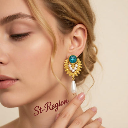 Blue Crystal and Pearl 18K Gold-Plated Botanical Heart Drop Earrings, gold drop earrings for women, styled look