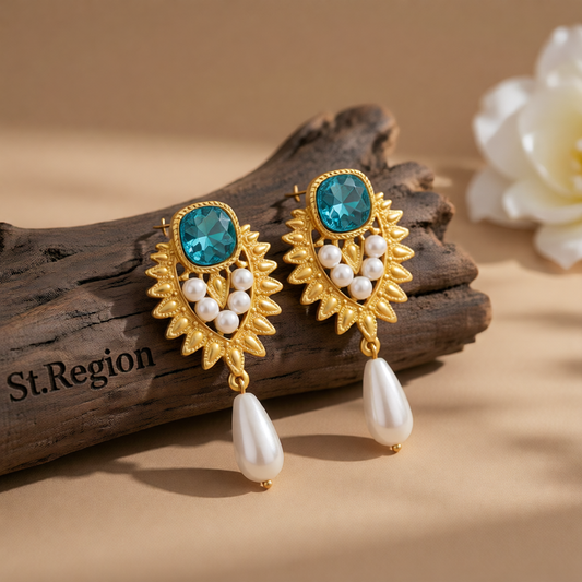 Blue Crystal & Pearl 18K Gold-Plated Botanical Heart Drop Earrings