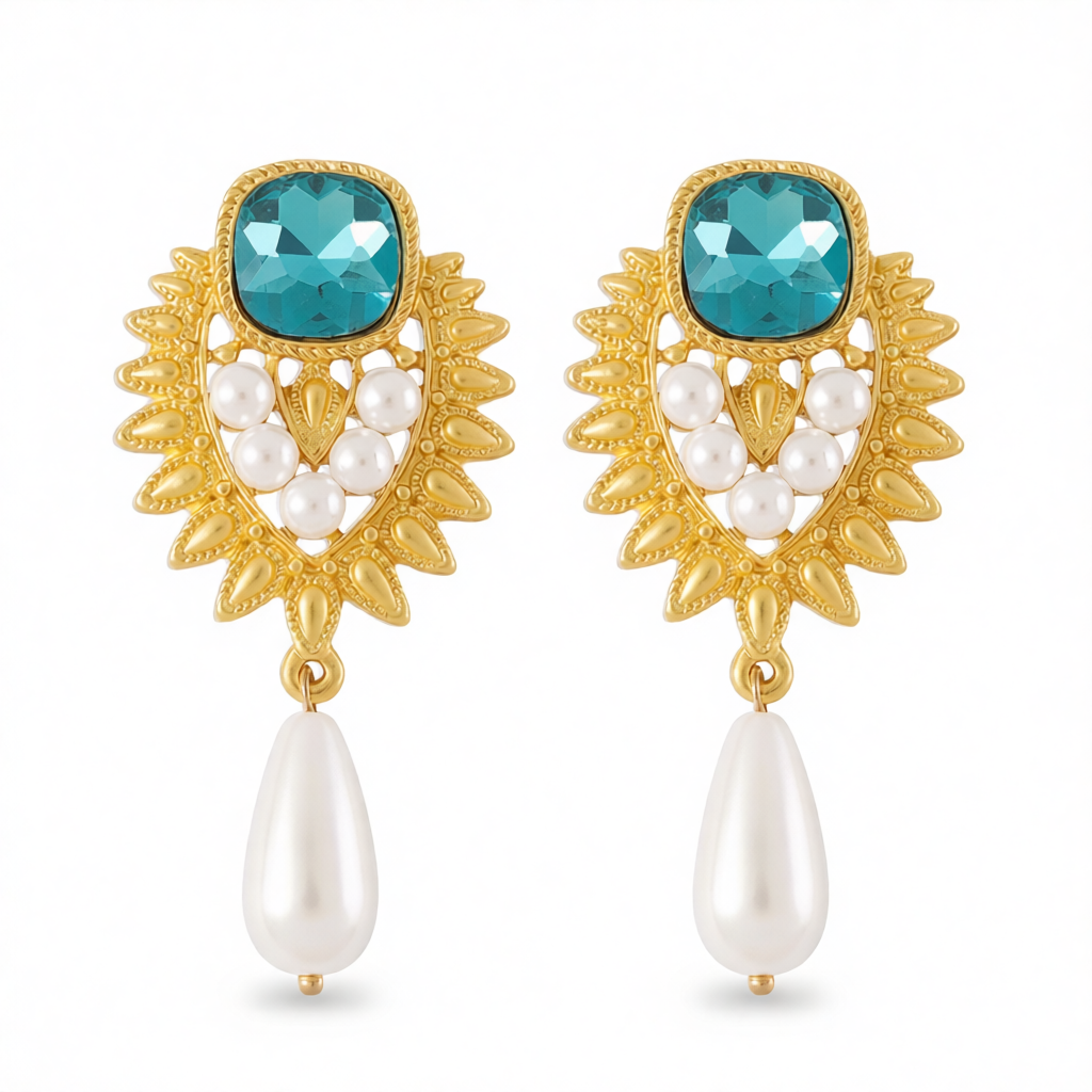 Blue Crystal & Pearl 18K Gold-Plated Botanical Heart Drop Earrings