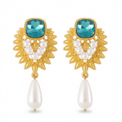 Blue Crystal & Pearl 18K Gold-Plated Botanical Heart Drop Earrings