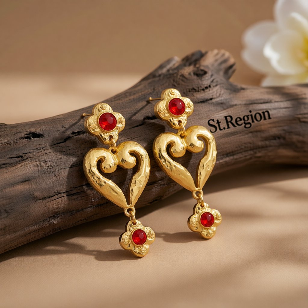 Red Resin and 18K Gold-Plated Flower Heart Drop Earrings, gold drop earrings for women, dainty minimalist design, front view