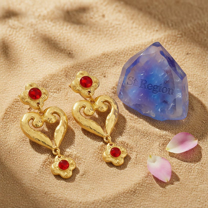 Red Resin and 18K Gold-Plated Flower Heart Drop Earrings, gold drop earrings for women, detail close-up