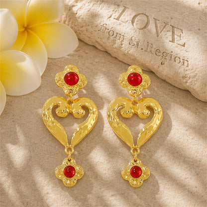 Red Resin and 18K Gold-Plated Flower Heart Drop Earrings, gold drop earrings for women, lifestyle look