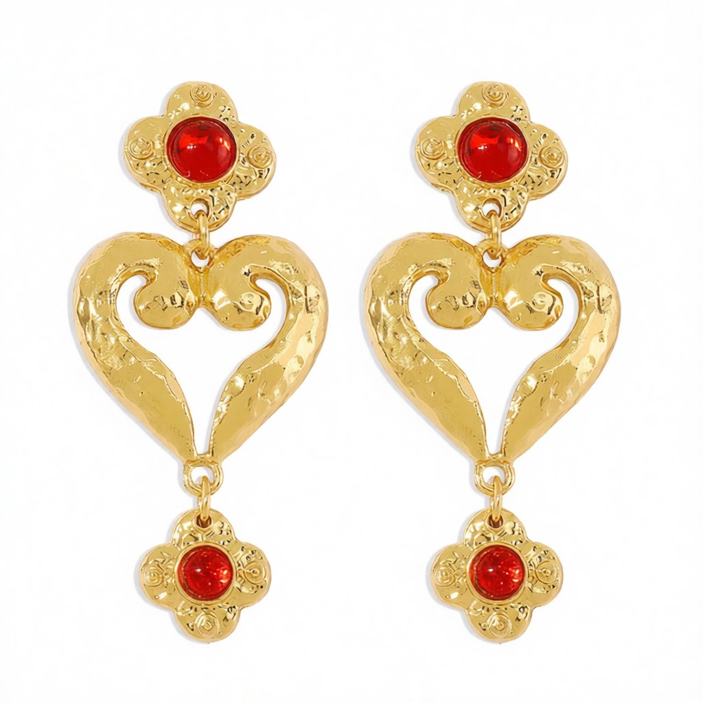 Red Resin and 18K Gold-Plated Flower Heart Drop Earrings, gold drop earrings for women, dainty minimalist design, side view