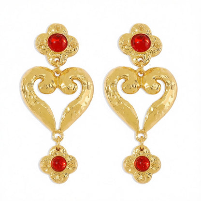 Red Resin and 18K Gold-Plated Flower Heart Drop Earrings, gold drop earrings for women, dainty minimalist design, side view