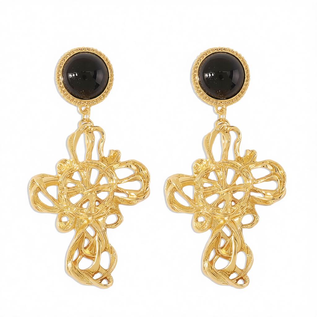 Black Resin & 18K Gold-Plated Cross Drop Earrings