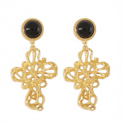 Black Resin & 18K Gold-Plated Cross Drop Earrings
