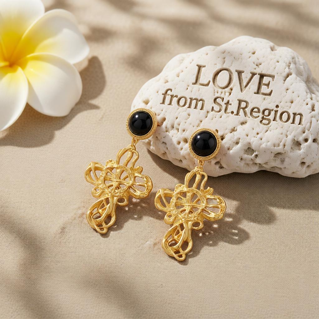 Black Resin & 18K Gold-Plated Cross Drop Earrings