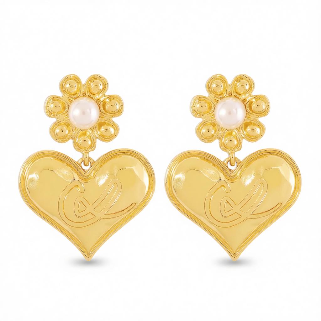 Pearl and 18K Gold-Plated Floral Heart Drop Earrings, gold drop earrings for women, elegant gift for her, side view