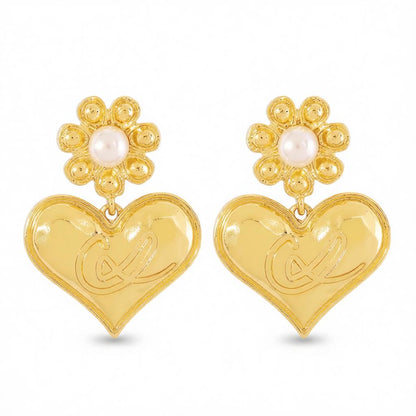 Pearl and 18K Gold-Plated Floral Heart Drop Earrings, gold drop earrings for women, elegant gift for her, side view