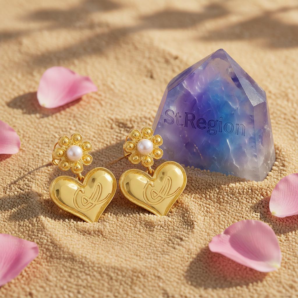 Pearl and 18K Gold-Plated Floral Heart Drop Earrings, gold drop earrings for women, elegant gift for her, detail close-up