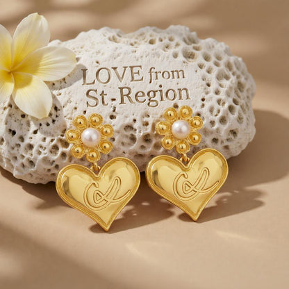 Pearl and 18K Gold-Plated Floral Heart Drop Earrings, gold drop earrings for women, elegant gift for her, lifestyle look
