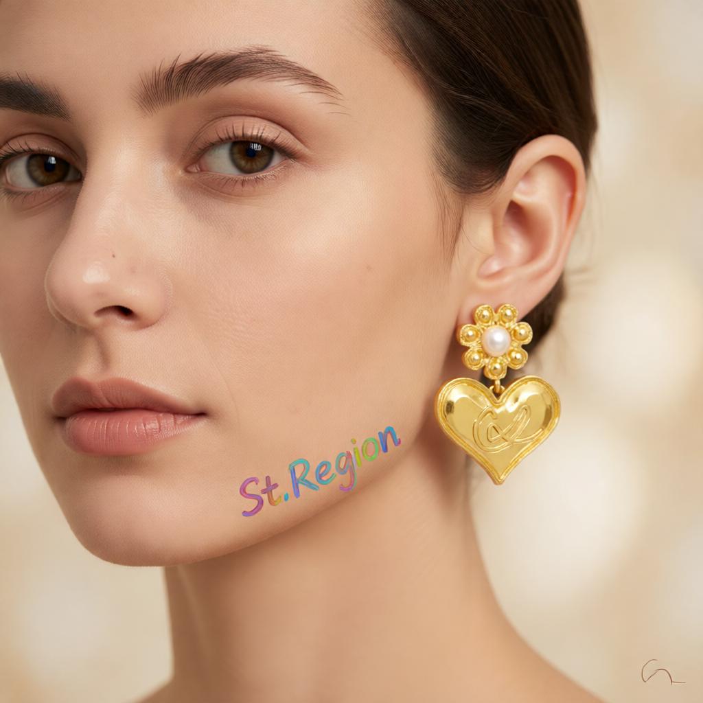 Pearl and 18K Gold-Plated Floral Heart Drop Earrings, gold drop earrings for women, elegant gift for her, styled look