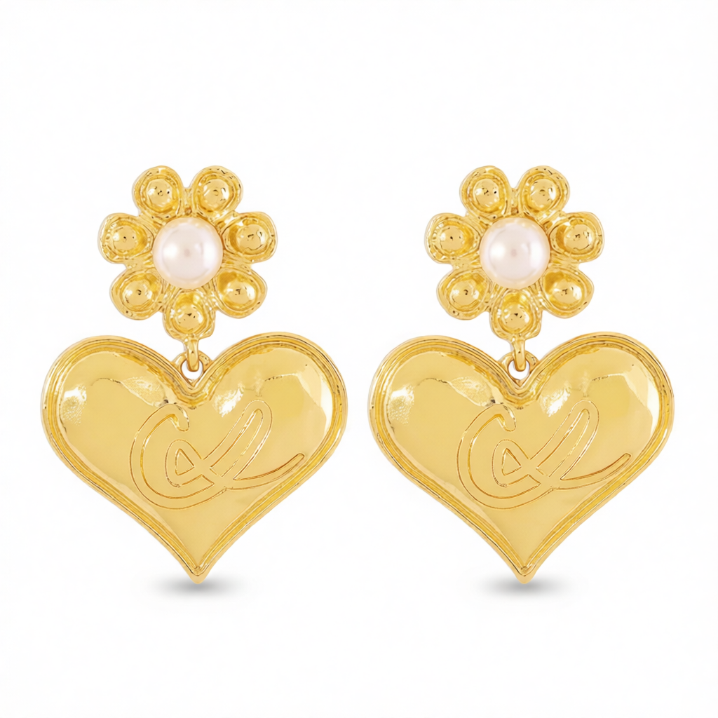 Pearl & 18K Gold-Plated Floral Heart Drop Earrings