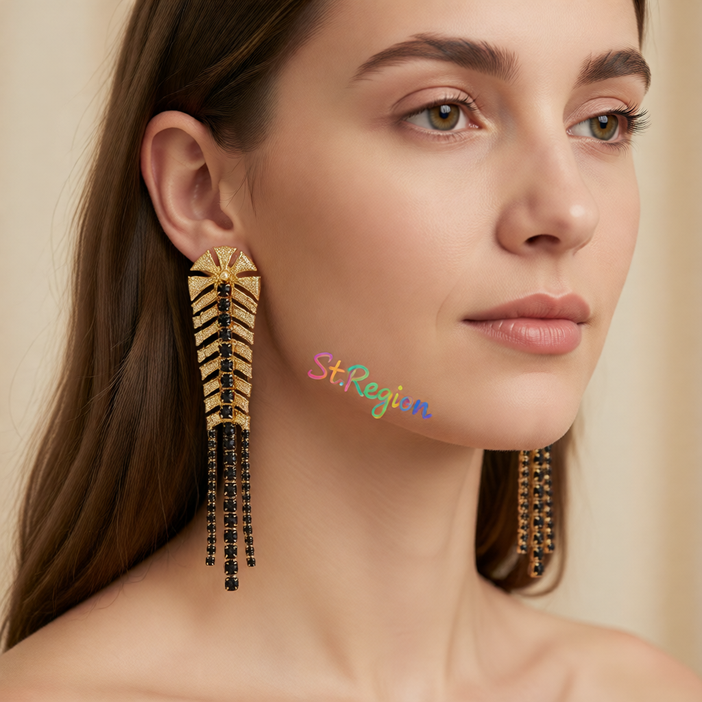 Black Cubic Zirconia & 18K Gold-Plated Chevron Drop Earrings