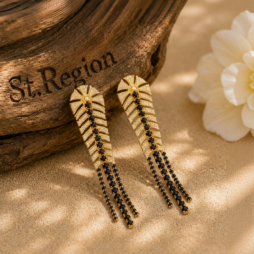 Black Cubic Zirconia & 18K Gold-Plated Chevron Drop Earrings