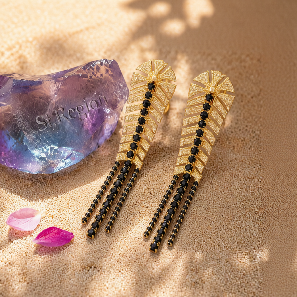 Black Cubic Zirconia & 18K Gold-Plated Chevron Drop Earrings