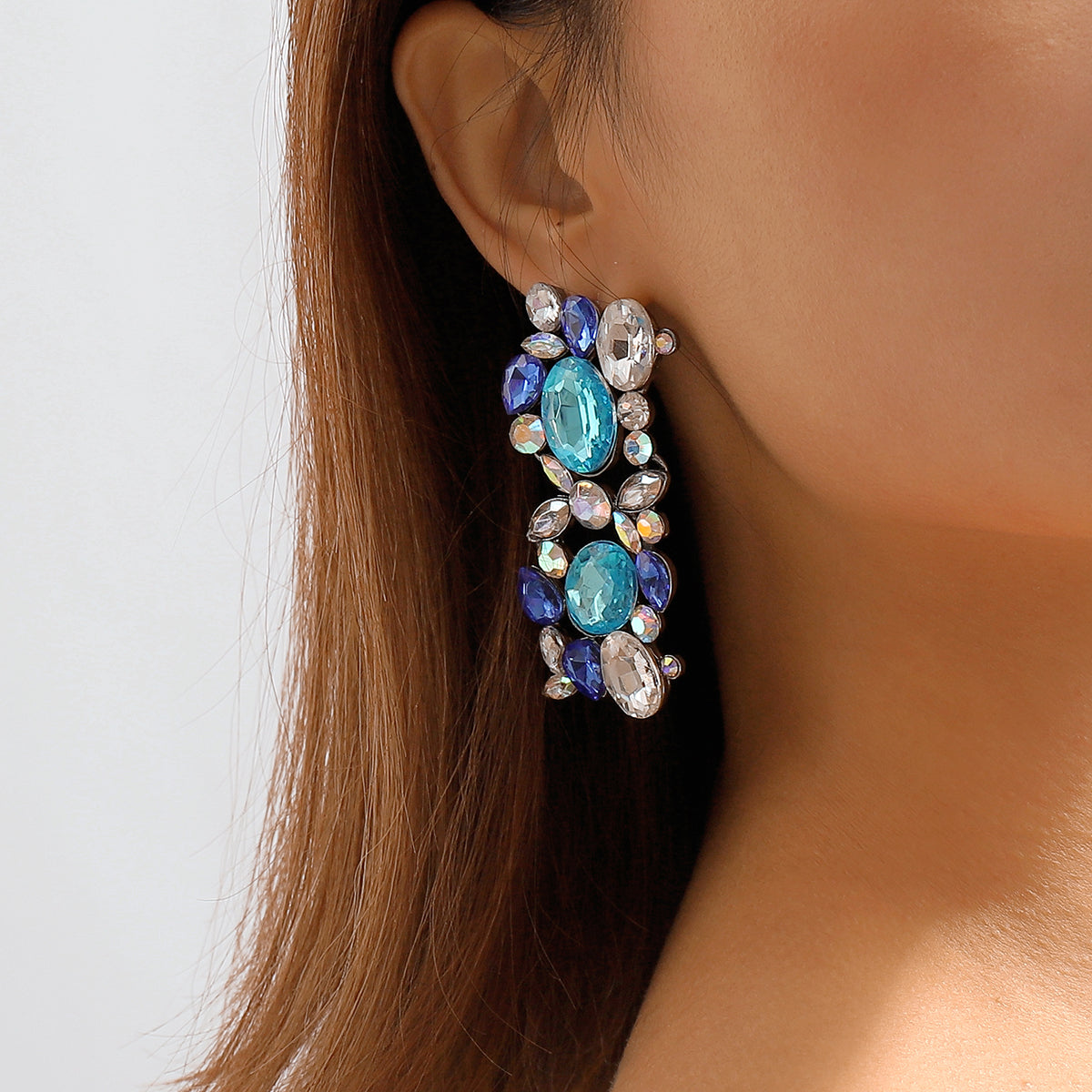 Blue & White Crystal Cluster Drop Earrings