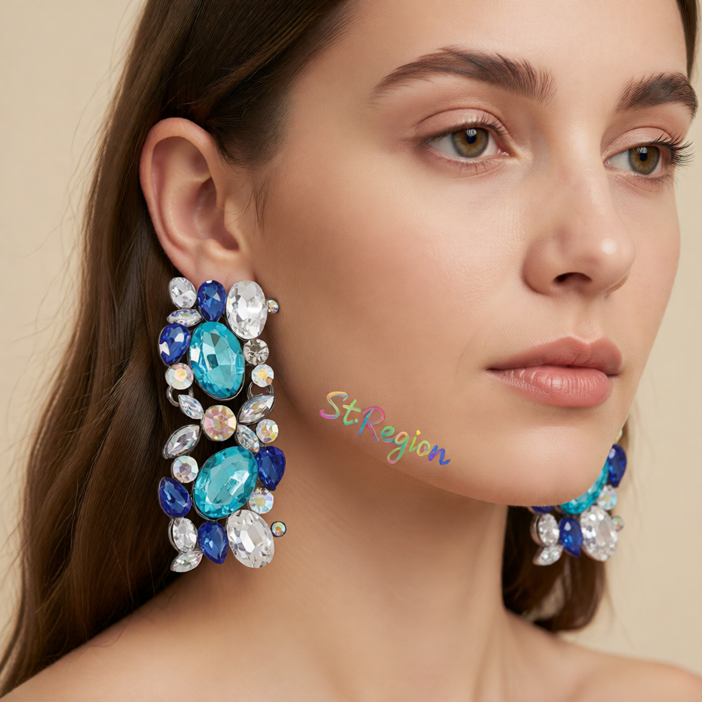 Blue & White Crystal Cluster Drop Earrings