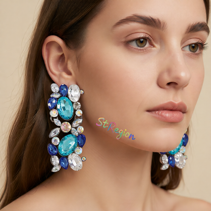 Blue & White Crystal Cluster Drop Earrings