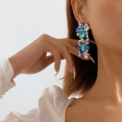 Blue & White Crystal Cluster Drop Earrings