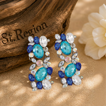 Blue & White Crystal Cluster Drop Earrings