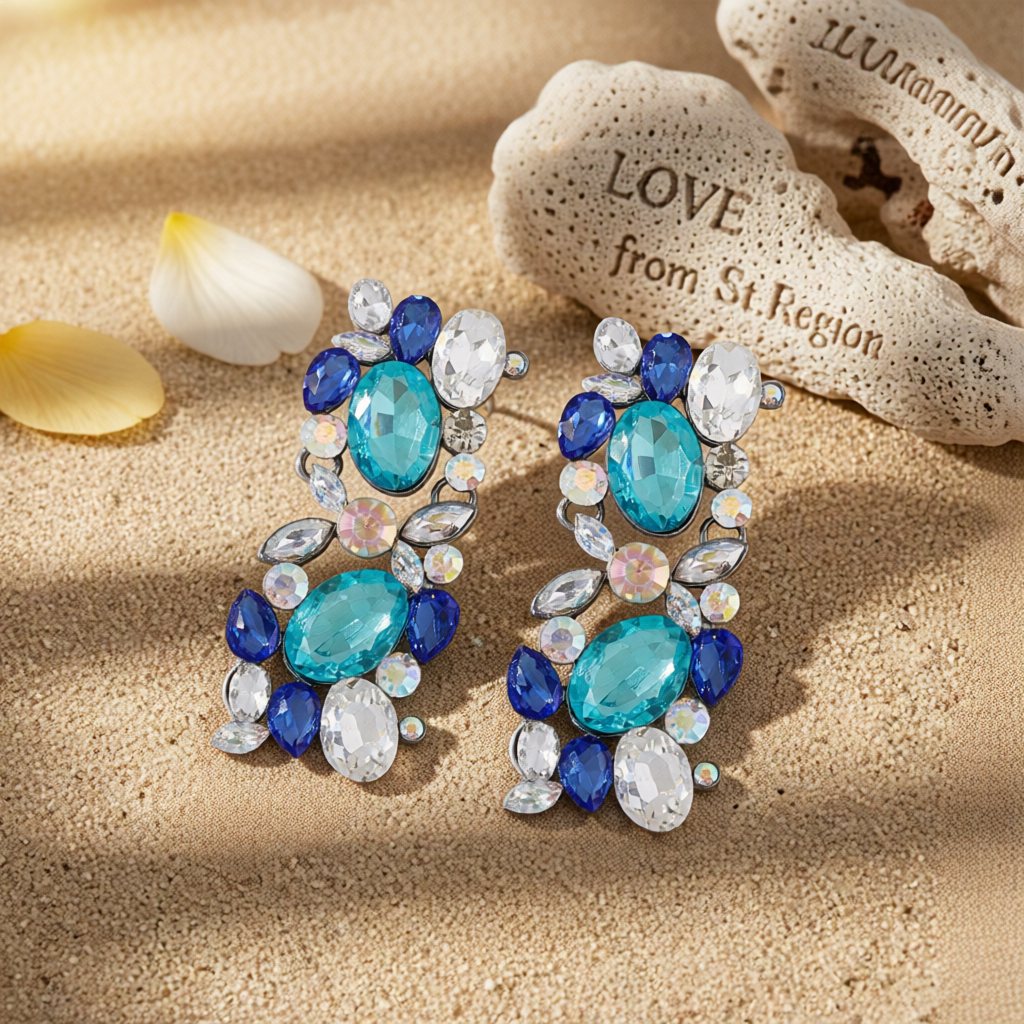 Blue & White Crystal Cluster Drop Earrings