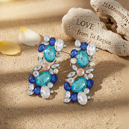 Blue & White Crystal Cluster Drop Earrings