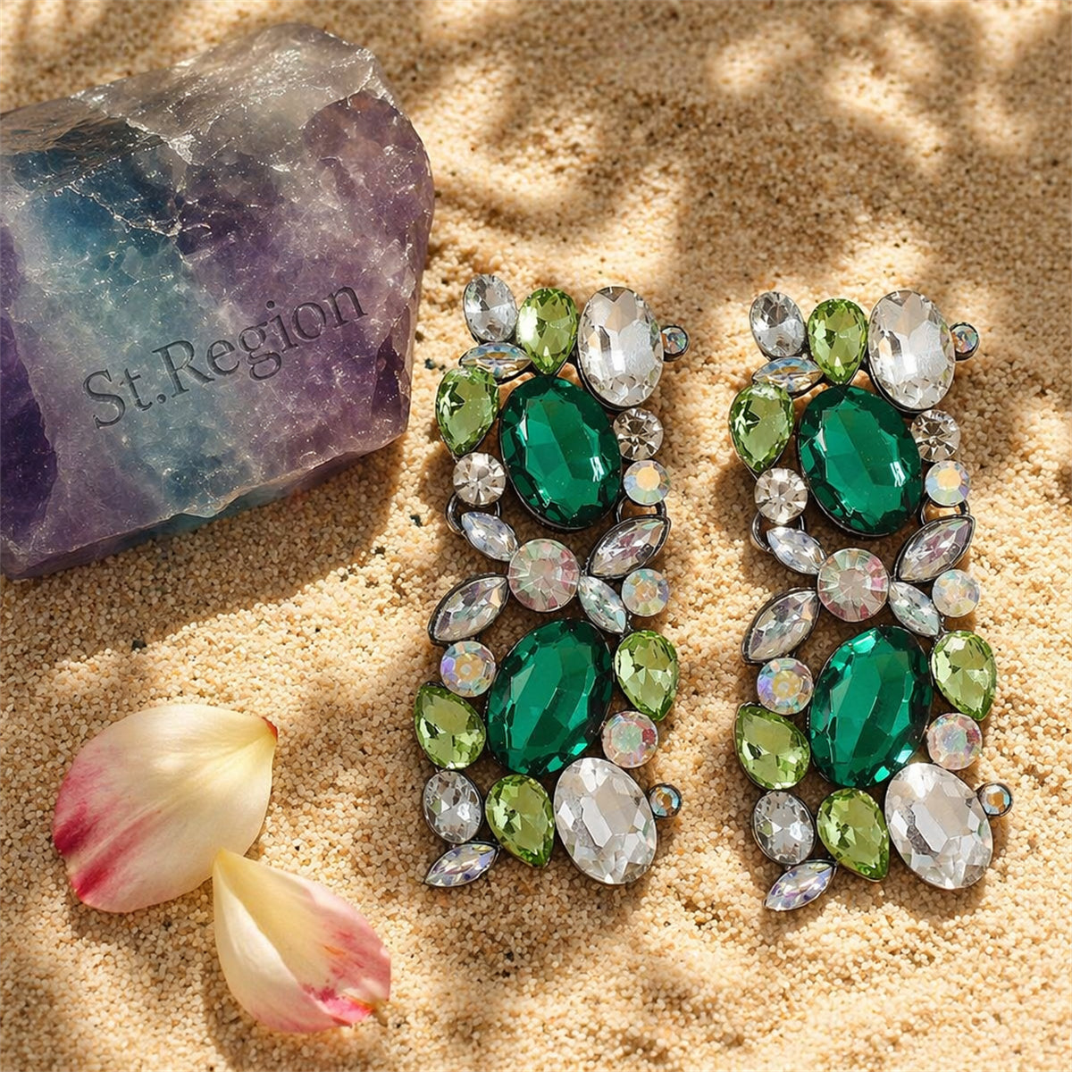 Green & White Crystal Cluster Drop Earrings