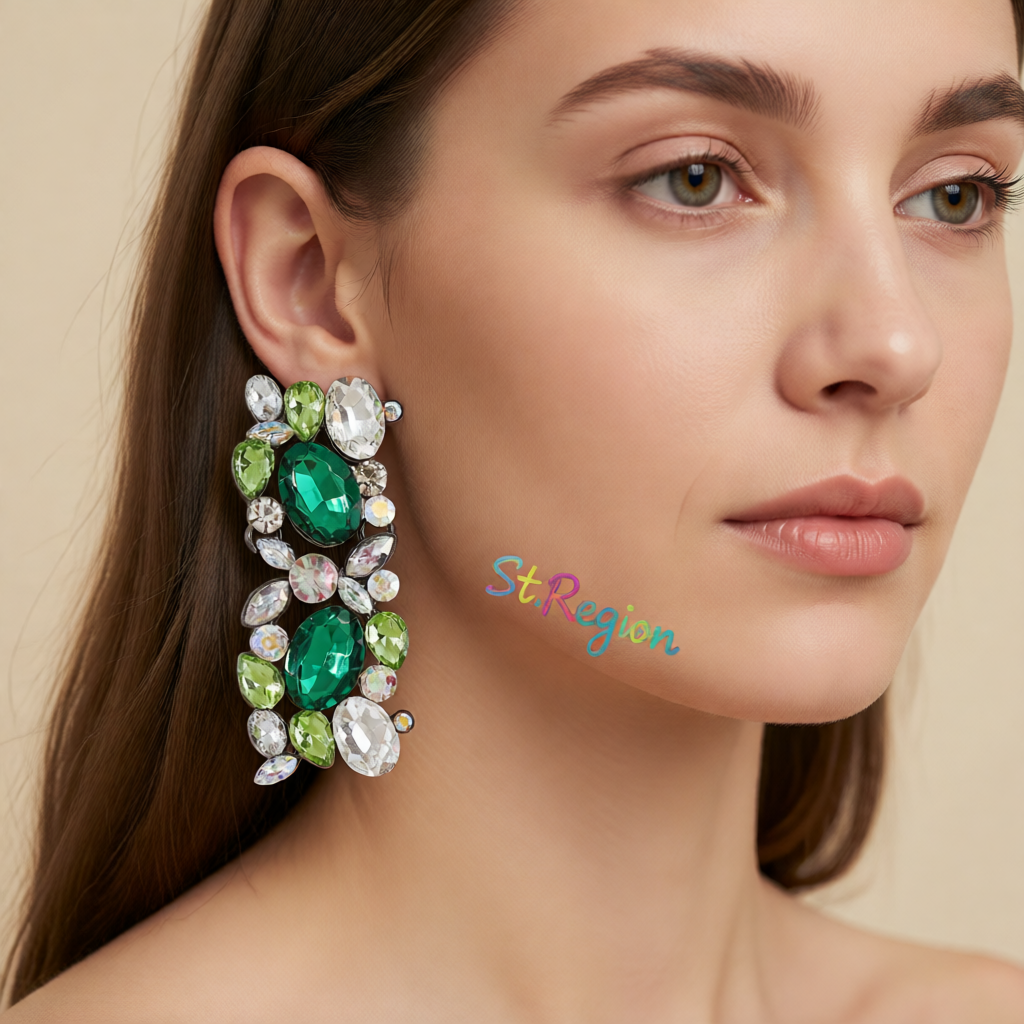 Green & White Crystal Cluster Drop Earrings