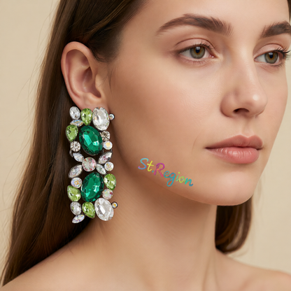 Green & White Crystal Cluster Drop Earrings
