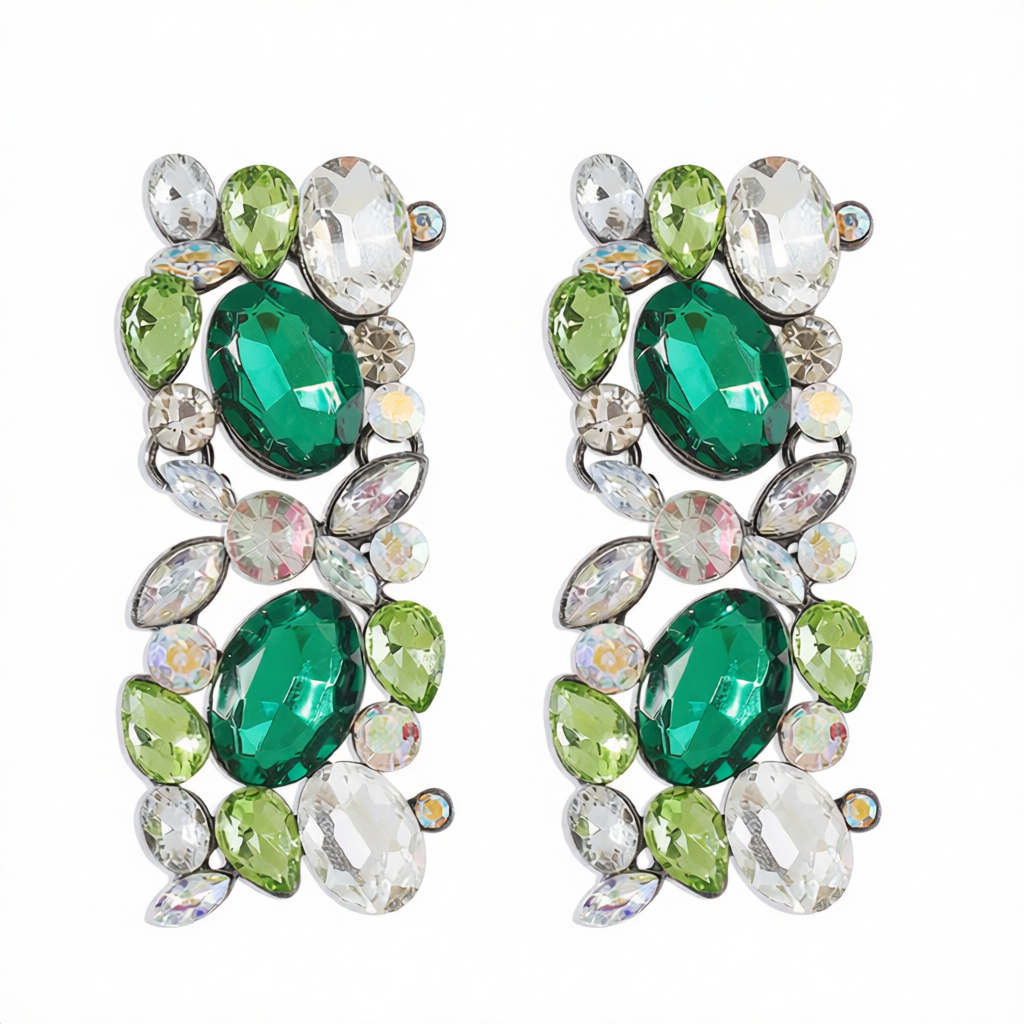 Green & White Crystal Cluster Drop Earrings