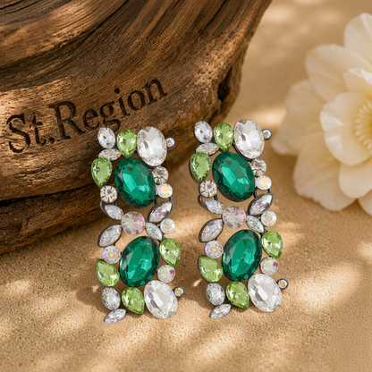 Green & White Crystal Cluster Drop Earrings