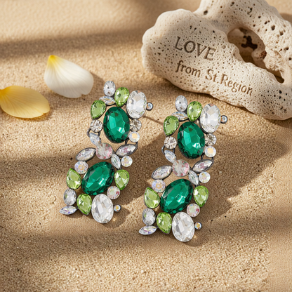 Green & White Crystal Cluster Drop Earrings