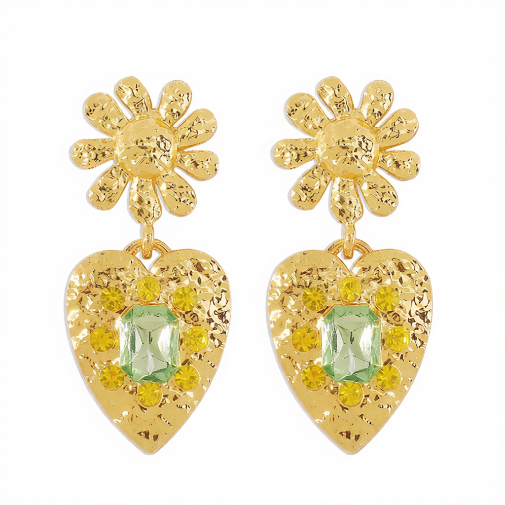 Green Crystal & 18K Gold-Plated Flower Heart Drop Earrings