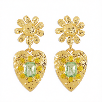 Green Crystal & 18K Gold-Plated Flower Heart Drop Earrings