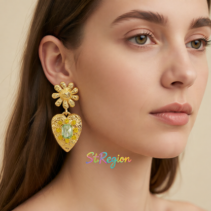 Green Crystal & 18K Gold-Plated Flower Heart Drop Earrings