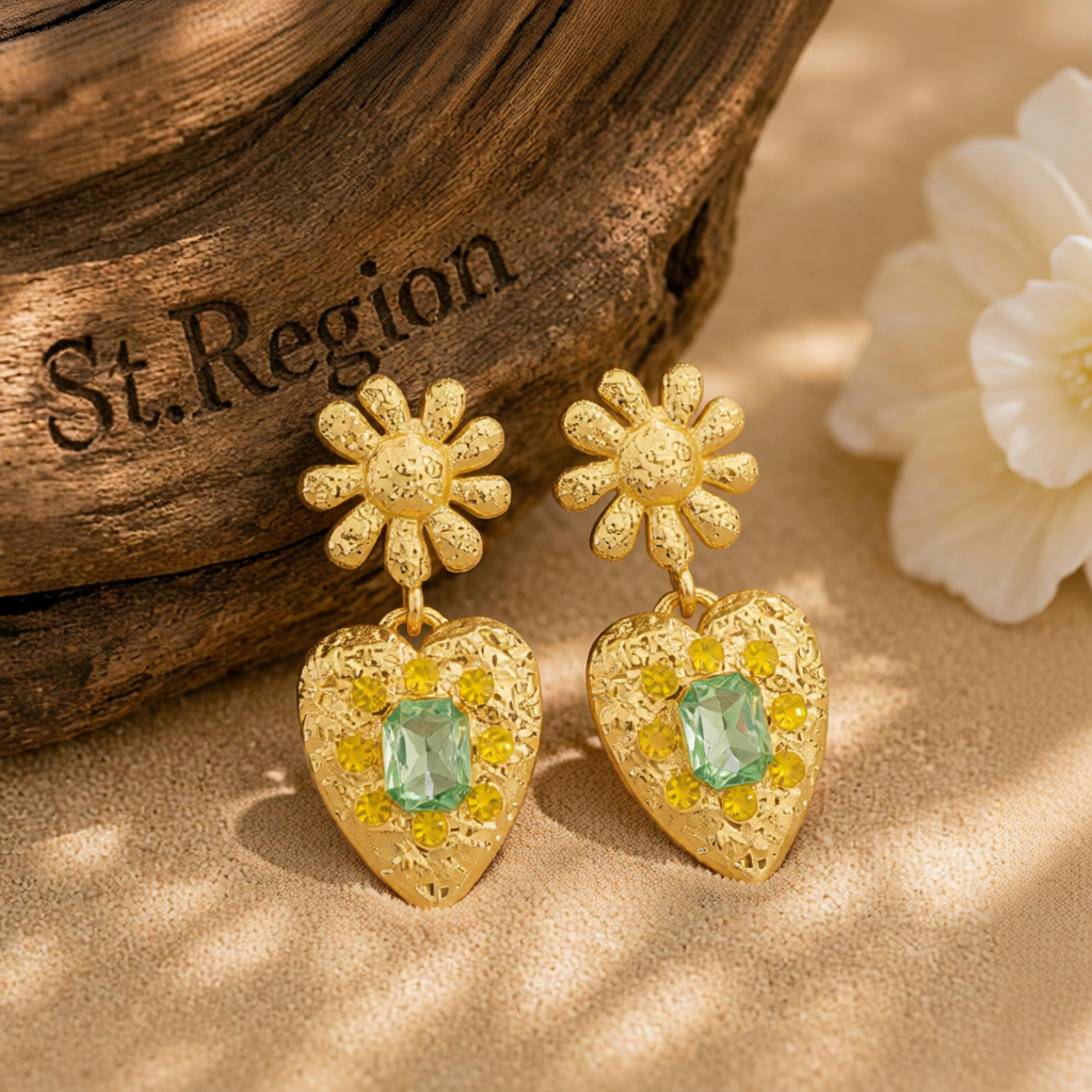Green Crystal & 18K Gold-Plated Flower Heart Drop Earrings