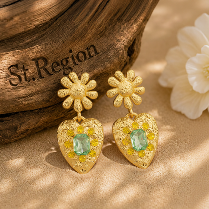 Green Crystal & 18K Gold-Plated Flower Heart Drop Earrings