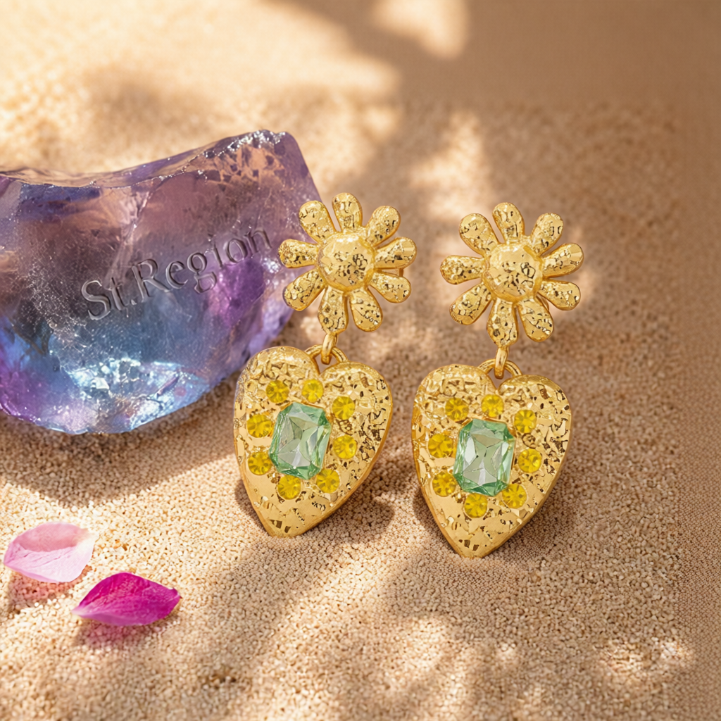 Green Crystal & 18K Gold-Plated Flower Heart Drop Earrings