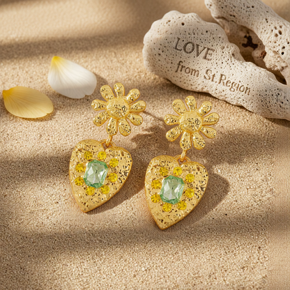 Green Crystal & 18K Gold-Plated Flower Heart Drop Earrings